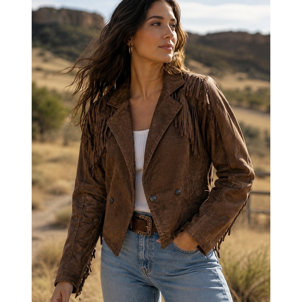 Chia Vintage Brown Leather Fringe Cropped Western Biker Cowgirl Chic Jacket S